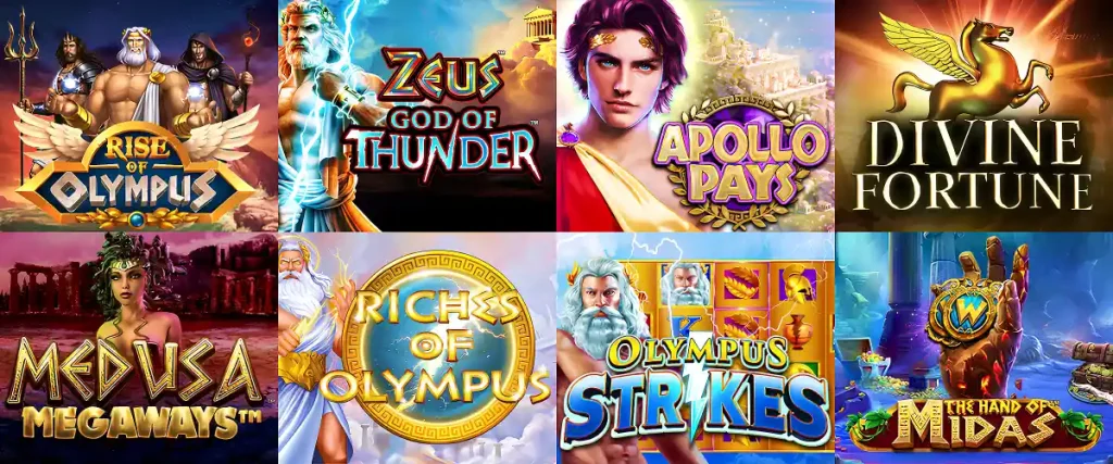 Popular Greek themed slots include Rise of Olympus, Zeus God of Thunder, Apollo Pays and more