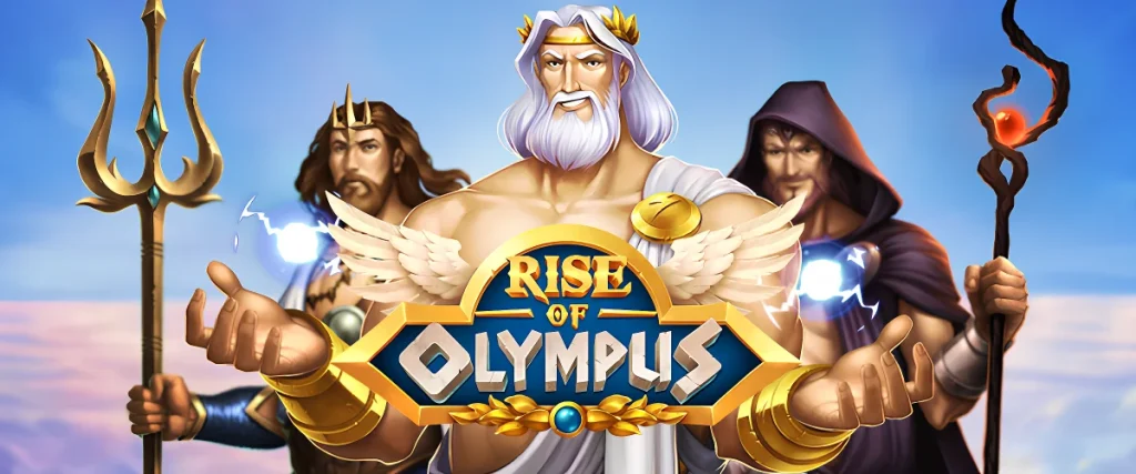 Heroes of Rise of Olympus slot with the logo on the sky background