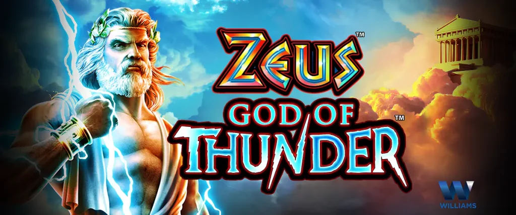 Zeus God of Thunder slot hero with logo