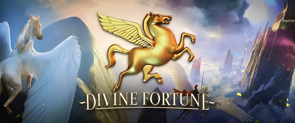 A golden Pegasus against the Divine Fortune logo and fairytale sky