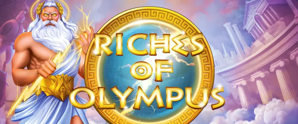 Zeus with a lightning bolt on the background of Riches of Olympus slot logo