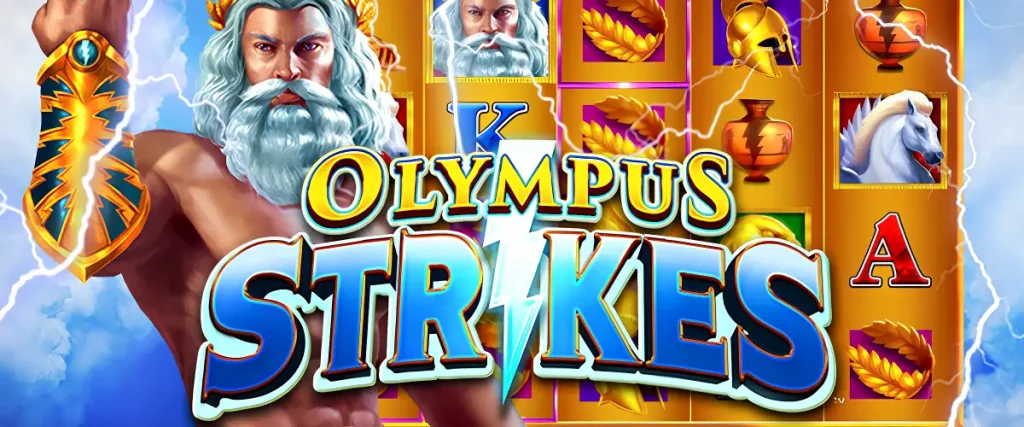 Zeus with a lightning bolt on the background of game symbols and Olympus Strikes slot logo