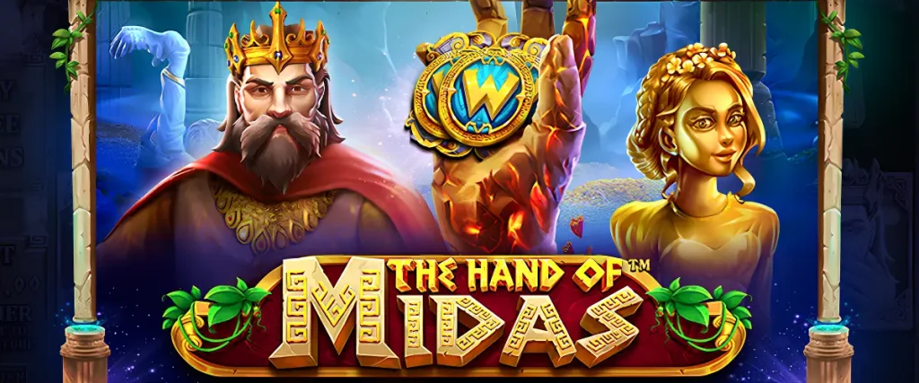 King Midas and a golden statue in the background of The Hand of Midas slot logo